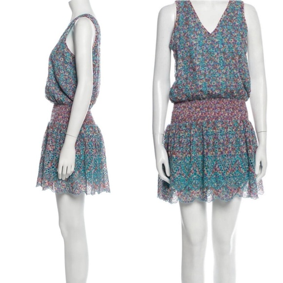 Ramy Brook Dorris smocked floral blue mini dress smocked waist v neck size S - Picture 1 of 8